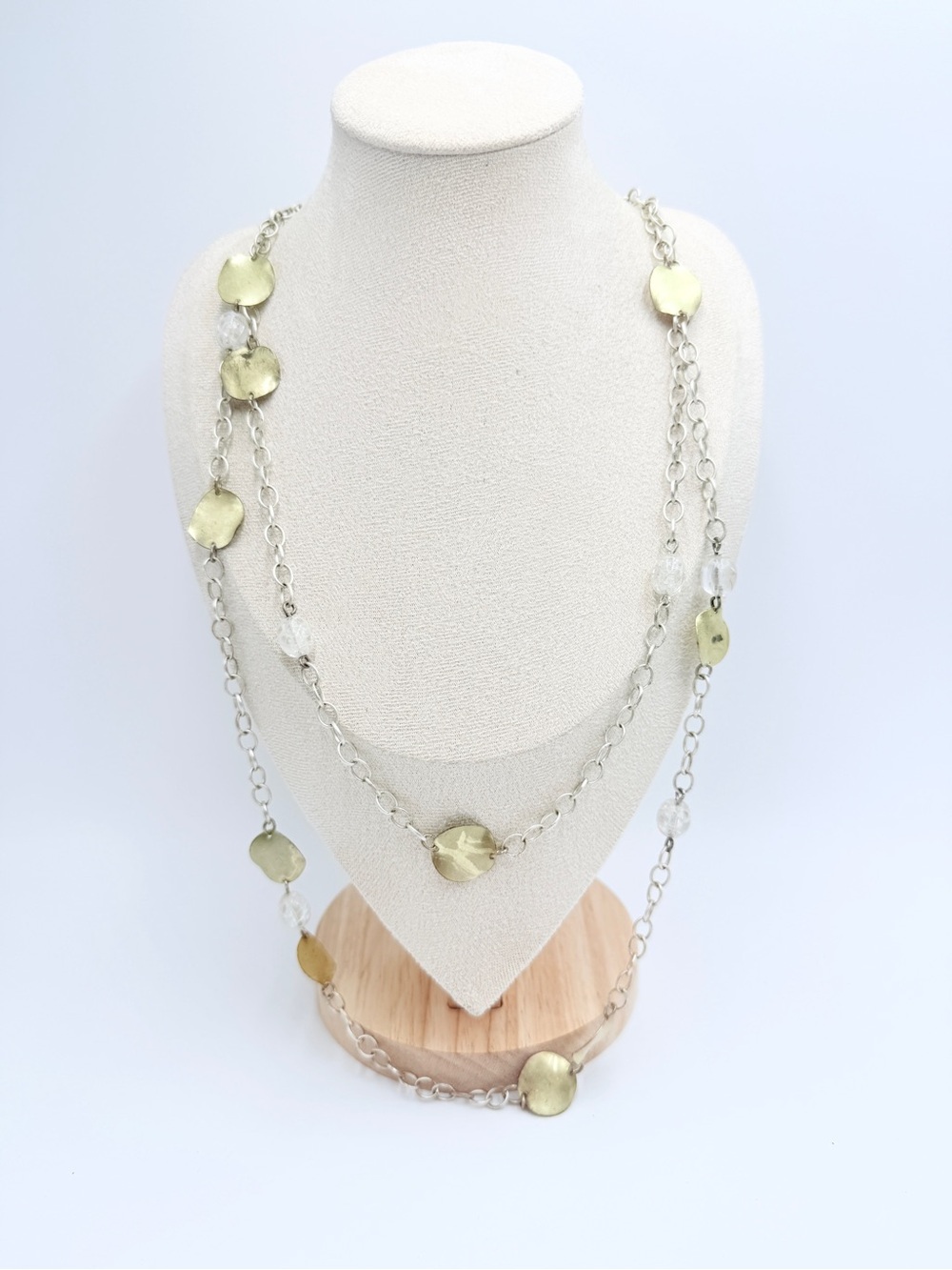 Vintage Avon Double Strand Necklace Silver Tone Chain Gold Disc Accents